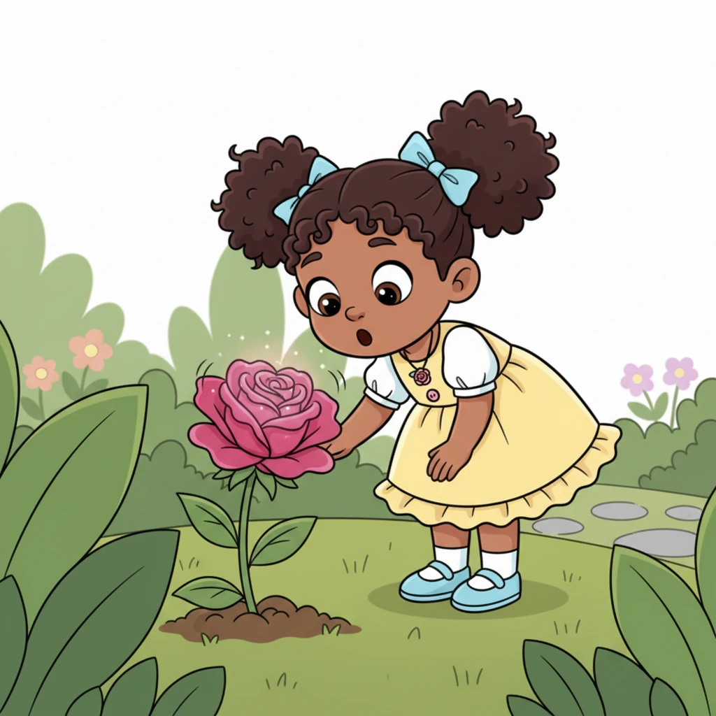 As Lily leaned closer, a tiny, melodious voice drifted from the rose. "Hello there, curious one," it whispered, its petals quivering slightly. Lily gasped, her eyes wide with astonishment, wondering if her ears were playing tricks on her.