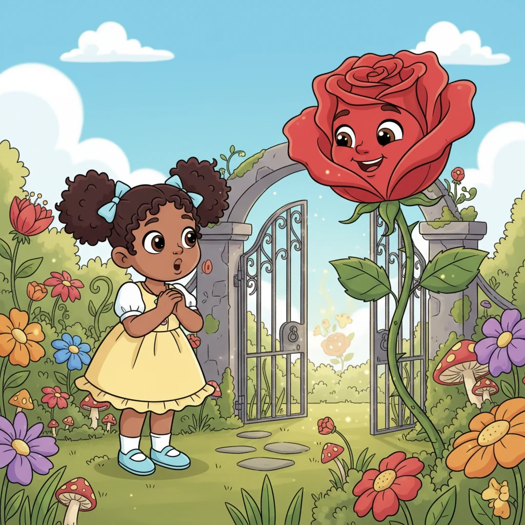 The rose continued, "My name is Rosaline, and I've been waiting for someone like you." Rosaline explained that she was a guardian of ancient stories, especially one about a glorious, forgotten magical world just beyond the garden gate.