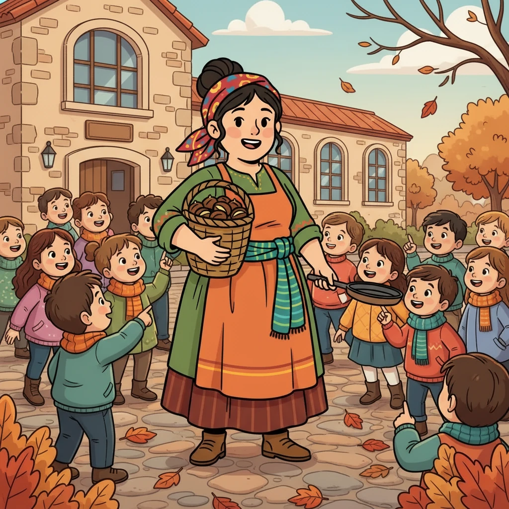 En el corazón de Villena, en el colegio Ruperto Chapi, los niños esperaban ansiosos. El aire fresco del otoño traía consigo la promesa de una visita especial: ¡la Castañera!