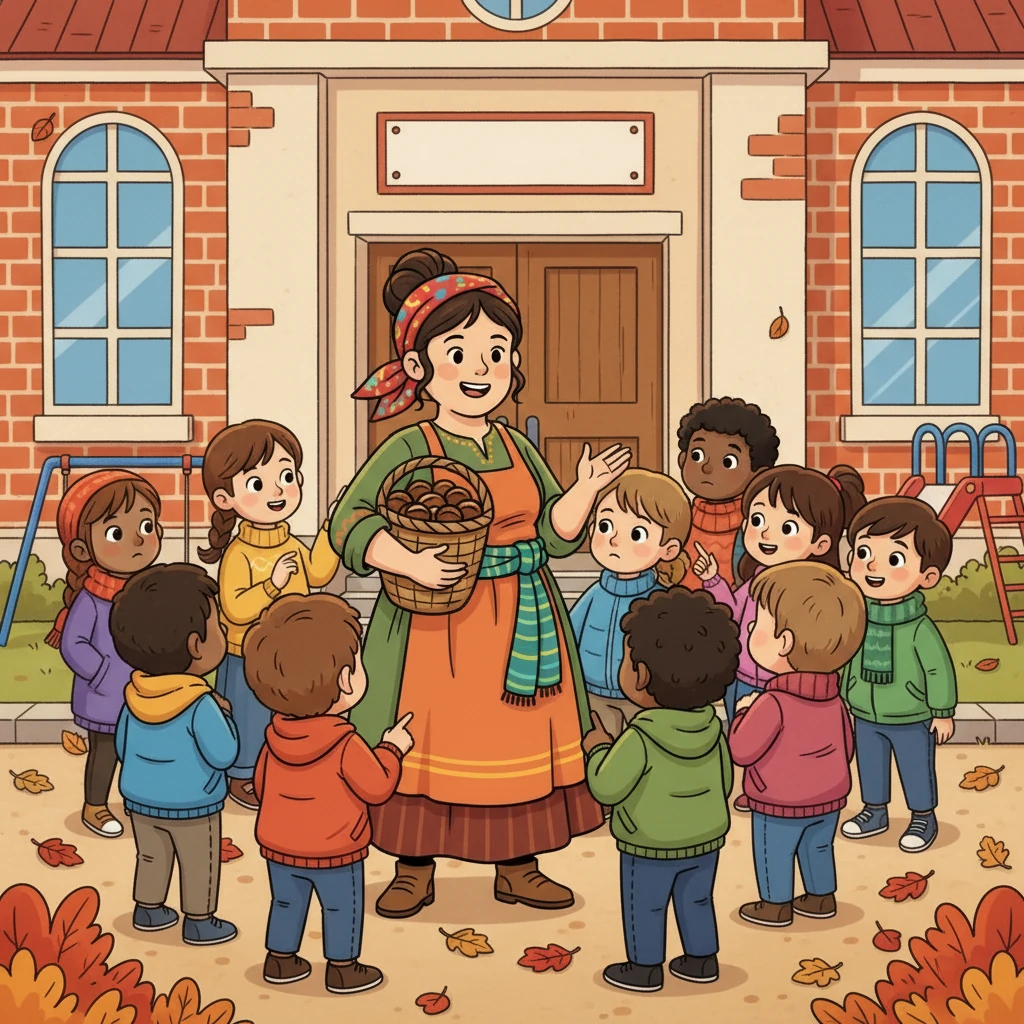 La Castañera Elena, con su delantal lleno de castañas y una sonrisa radiante, llegó al colegio. Los niños la rodearon, curiosos por saber qué sorpresas les tenía preparadas.