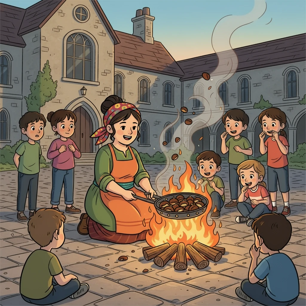Elena preparó un gran fuego y comenzó a asar las castañas. El aroma dulce y ahumado se extendió por todo el patio, atrayendo a todos los alumnos.
