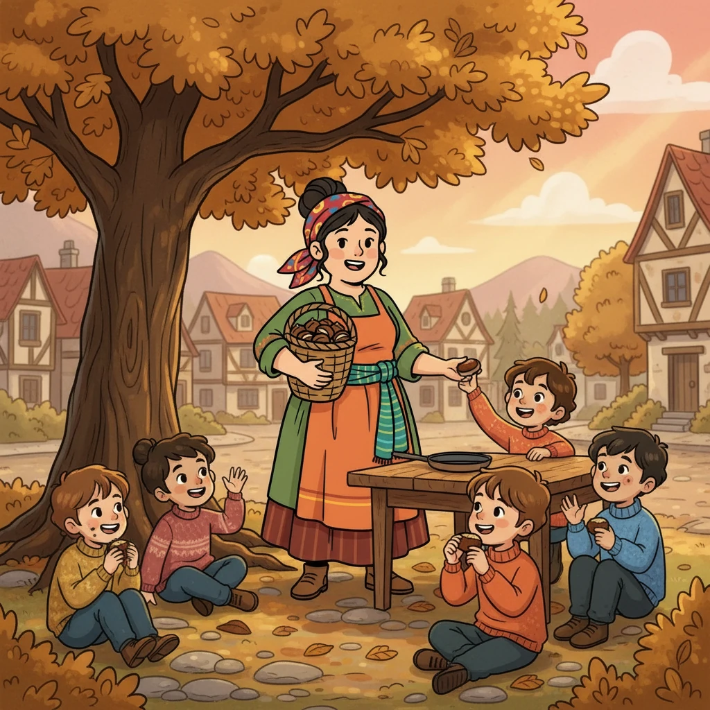 Finalmente, las castañas estuvieron listas. Elena las repartió, y los niños, felices, disfrutaron del delicioso sabor, compartiendo risas y amistad.