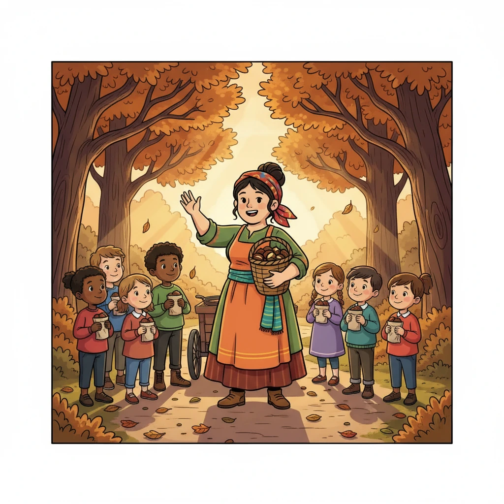 Con el sol de la tarde, la Castañera Elena se despidió, prometiendo volver el próximo otoño. Los niños, con sus barrigas llenas y sus corazones contentos, esperaron ansiosos su regreso.