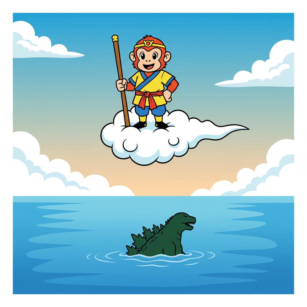 最終的に、悟空はゴジラを倒すことに成功した。ゴジラは海へと姿を消し、平和が訪れた。悟空は、再び筋斗雲に乗り、次の冒険へと旅立つのだった。