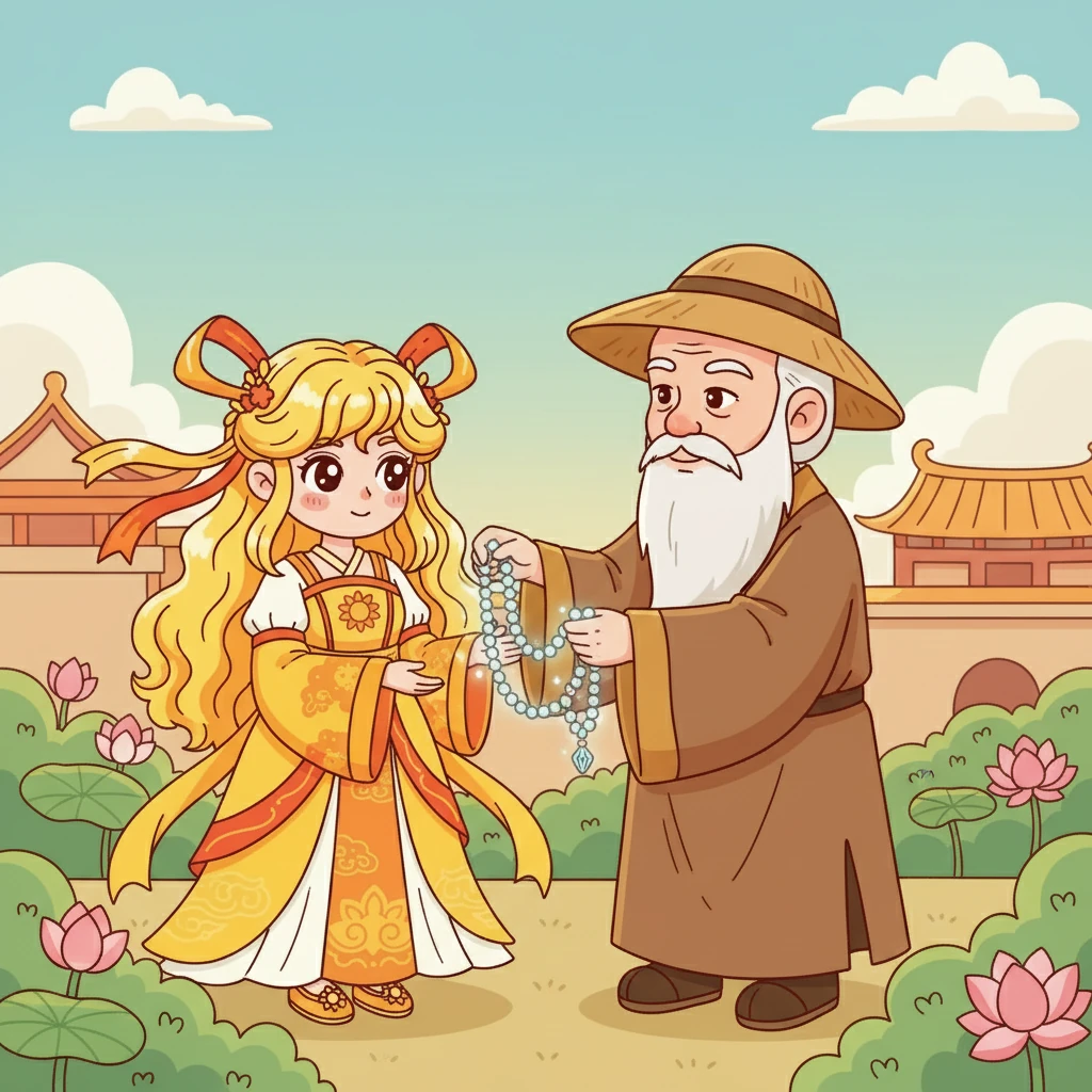 隐士虽然犹豫，但最终还是答应了国王的请求。临别时，他悄悄地送给少女一串只有她能看见的水晶念珠，并告诫她要保持内心的平静与善良。