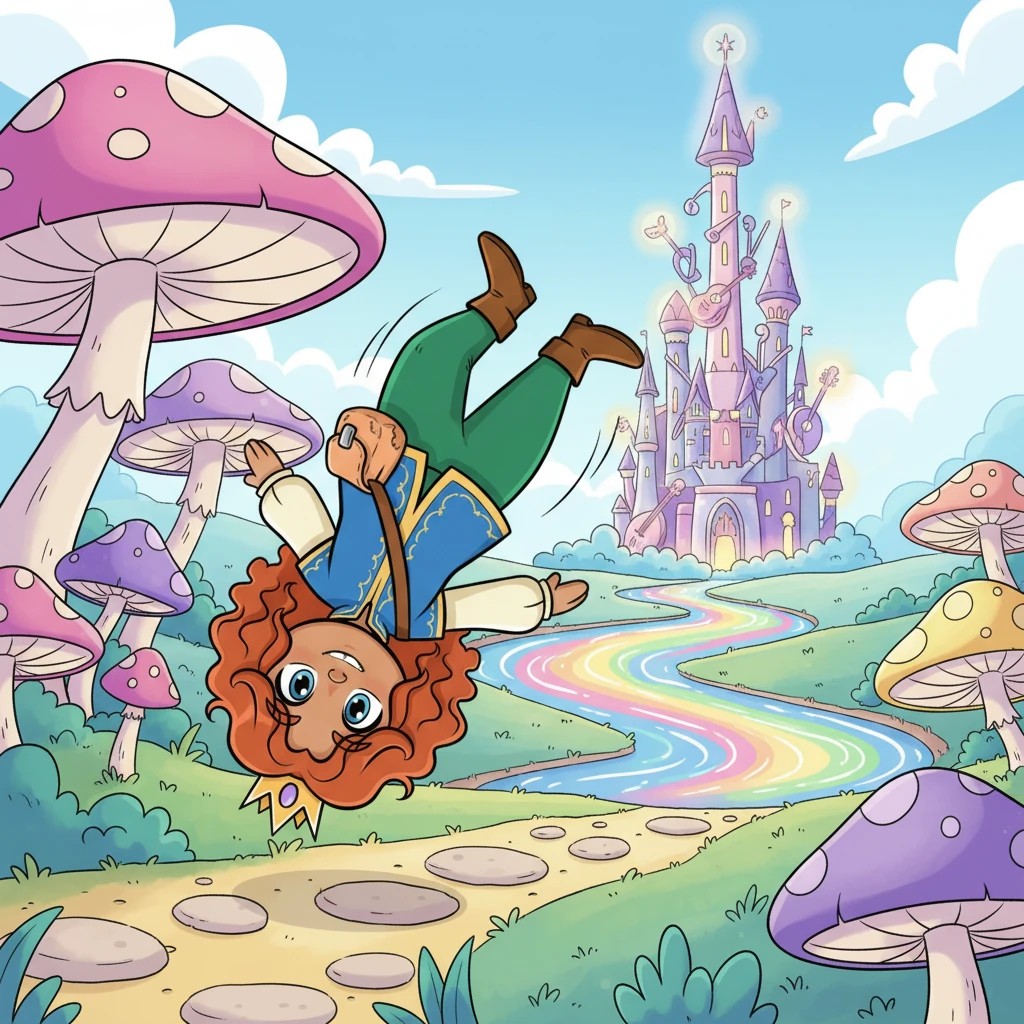 Her journey to Alraya Lucaria was a kaleidoscope of bright colors and bouncy landscapes. Giant, friendly mushrooms dotted the path, and rivers shimmered with liquid rainbows. Pip skipped and cartwheeled, her exaggerated proportions making every movement a joyful dance, until the towering, musical spires of Alraya Lucaria appeared on the horizon.