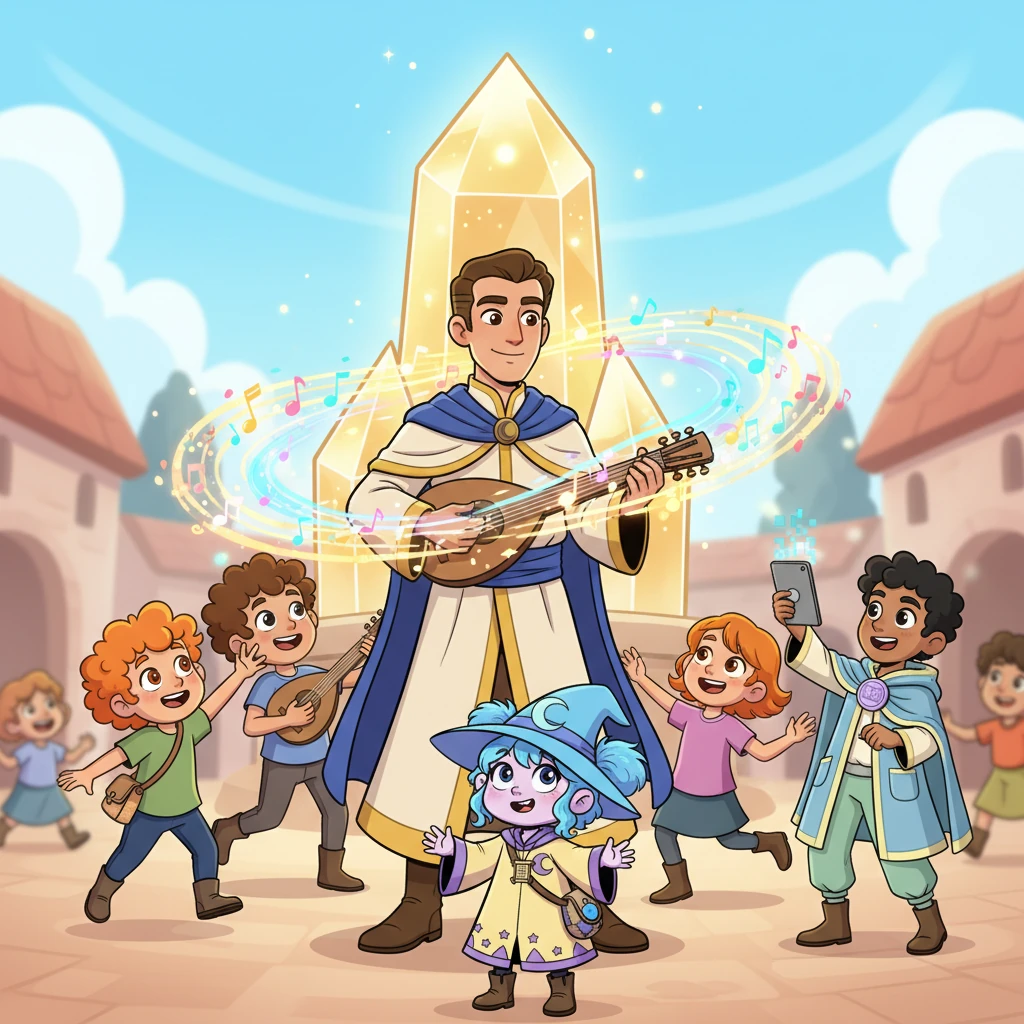 Upon arriving, Pip found the city alive with harmonious sounds. In a bustling courtyard, beneath a giant, glowing crystal, she spotted Arion Crescere. He was a tall, kind figure with flowing robes, strumming a lute with effortless grace, his music weaving a tapestry of encouragement for a group of eager, bouncy students. His face was expressive, full of gentle wisdom.