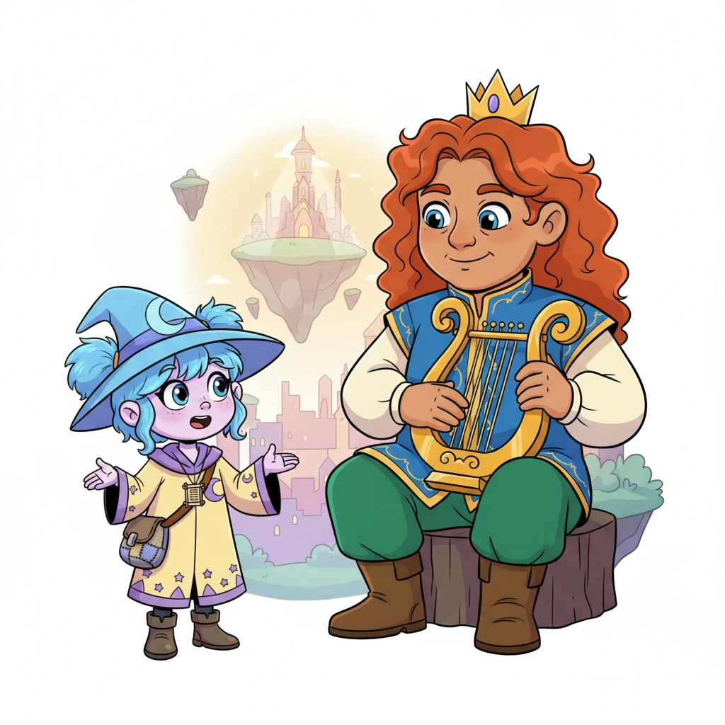 With a deep breath, Pip, looking tiny beside the grand musician, bravely approached Arion, her heart thumping like a drum. She explained her dream of the Academy, her desire for knowledge, and her hope to help unlock its secrets, her expressive face showing both determination and a touch of awe. Arion listened with a warm, understanding smile.