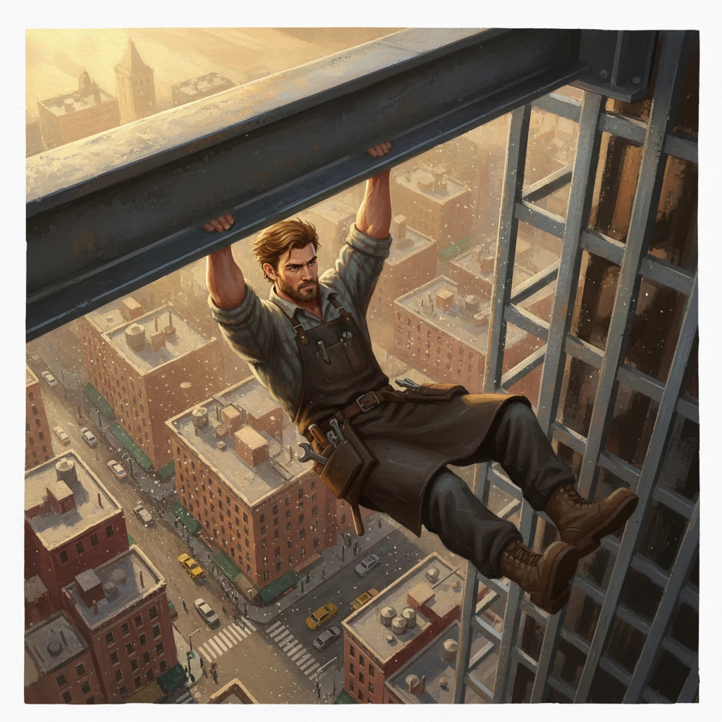 Ethan Bailey, a sinewy mounter, dangles precariously from a steel beam high above a bustling New York street. Golden sunlight catches dust motes dancing in the crisp morning air, illuminating his focused gaze and the intricate skeletal structure of the rising skyscraper. Below, the city sprawls like an ancient, living tapestry woven from stone and shadow.