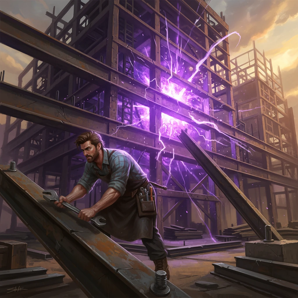 As Ethan tightens a bolt, a strange, ethereal hum vibrates through the steel, growing in intensity. An unnatural, pulsing violet light erupts from the heart of the building's core, casting long, distorted shadows across the construction site. The air crackles with unseen energy, making the very girders tremble.