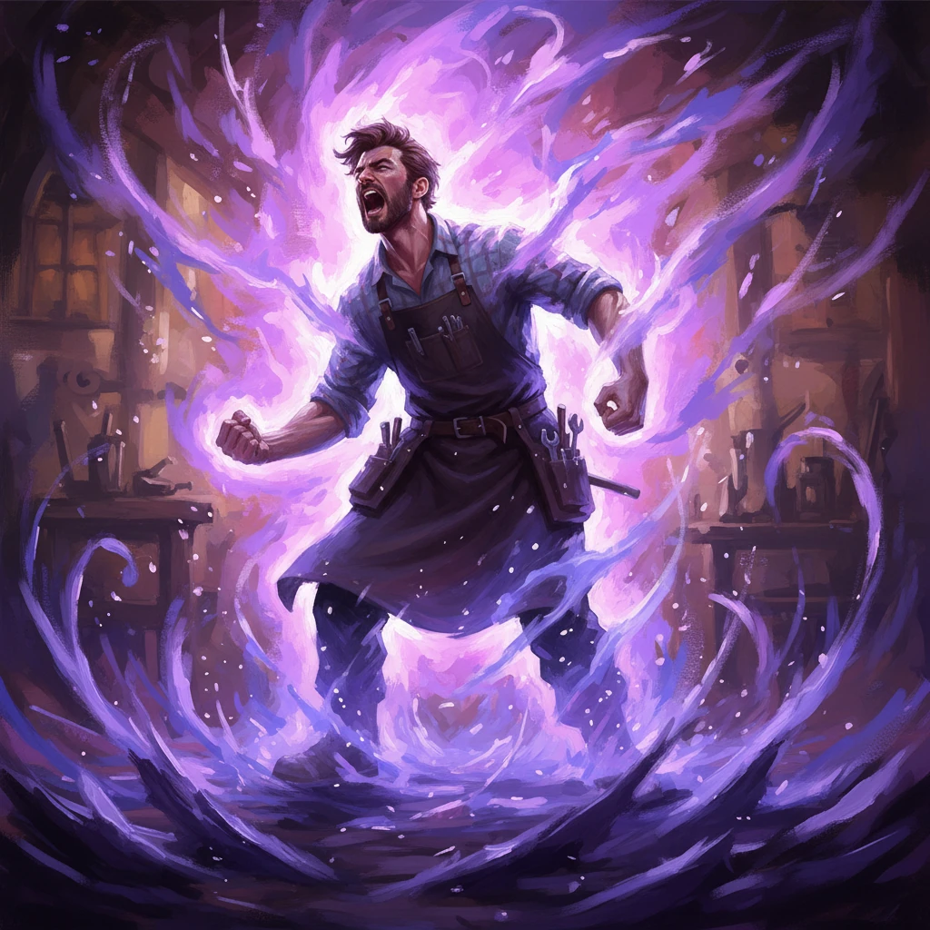 The violet light surges outwards, engulfing Ethan in a blinding, incandescent wave. His body convulses, bathed in an otherworldly glow that seems to fuse with his very being. The thick brushstrokes capture the raw, chaotic energy as his form contorts, a silent scream of transformation echoing in the sudden, deafening silence.