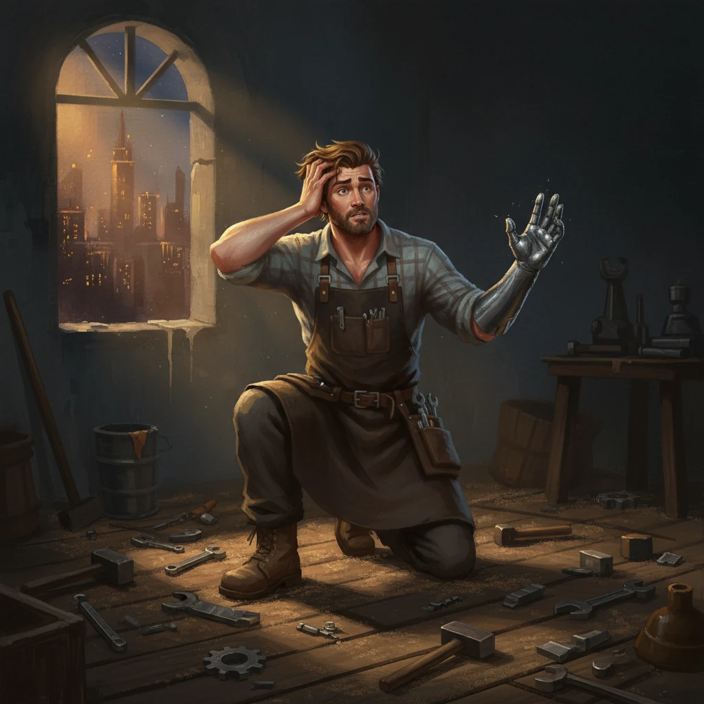 Ethan awakens amidst scattered tools, his head throbbing, the city's cacophony now distant. He stares, bewildered, at his outstretched hand, which now gleams with the dull, resilient sheen of polished steel. The visible brushwork emphasizes the metallic texture, reflecting the faint, warm glow of a distant city light.