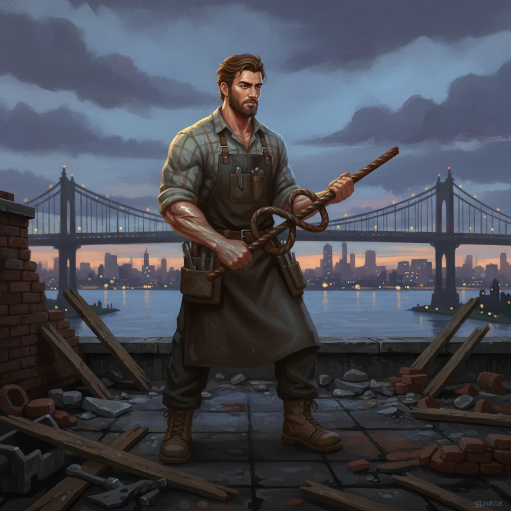 On a forgotten, grimy rooftop overlooking the East River, Ethan tests his newfound might. He flexes, muscles rippling beneath his metallic skin, effortlessly bending a discarded rebar into a pretzel. Dramatic lamplight from a distant bridge casts his powerful silhouette against the bruised, twilight sky, highlighting his incredible strength.