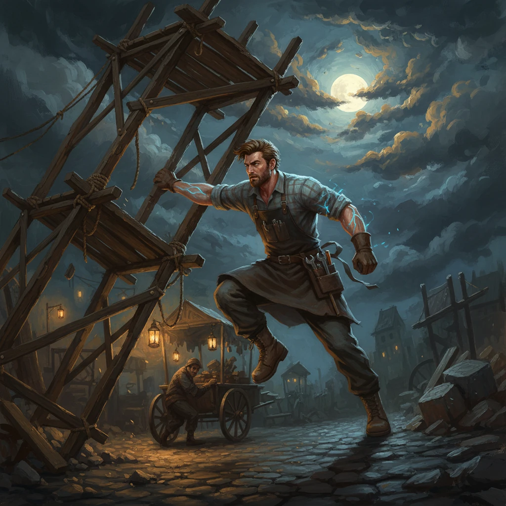 A sudden, desperate cry pierces the night as a heavy scaffold gives way, threatening to crush a vendor below. Without a thought, Ethan leaps, a blur of steel and shadow, catching the massive structure with a resounding clang. His impasto-laden form strains under the immense weight, veins of power visible beneath his metallic skin.