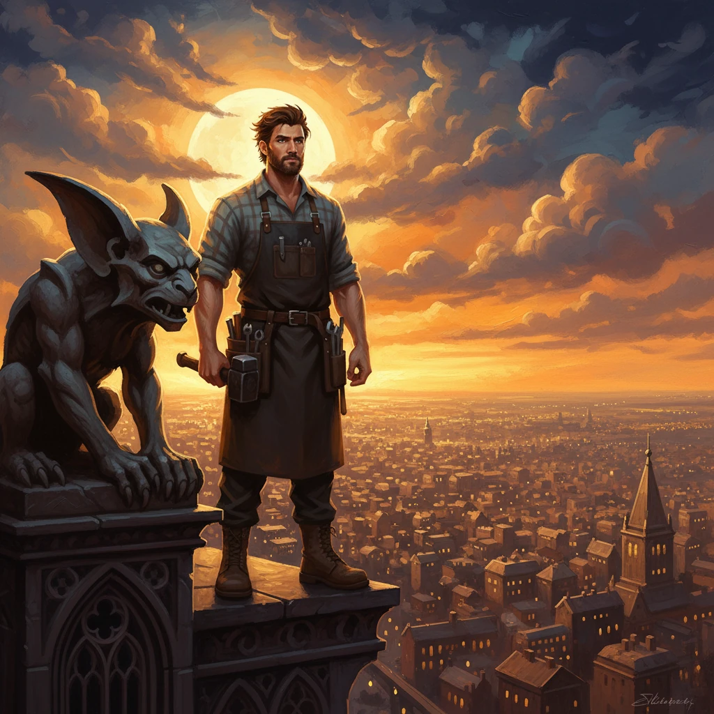 From the anonymity of the city's shadows, a new protector emerges. Ethan, now known as The Iron Sentinel, stands atop a gargoyle-adorned building, his powerful form silhouetted against a dramatic, moonlit sky. His resolute gaze surveys the sprawling metropolis, a silent vow etched upon his steel-hardened features.