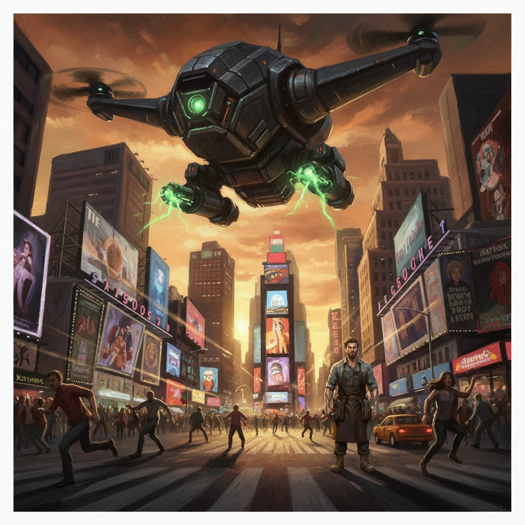 A colossal, menacing drone, armed with destructive energy cannons, descends upon Times Square, its metallic chassis glinting ominously. Panic erupts below as civilians scatter, their fear palpable in the stark, contrasting light of the flashing billboards. The drone's shadow stretches long and dark, a harbinger of chaos.