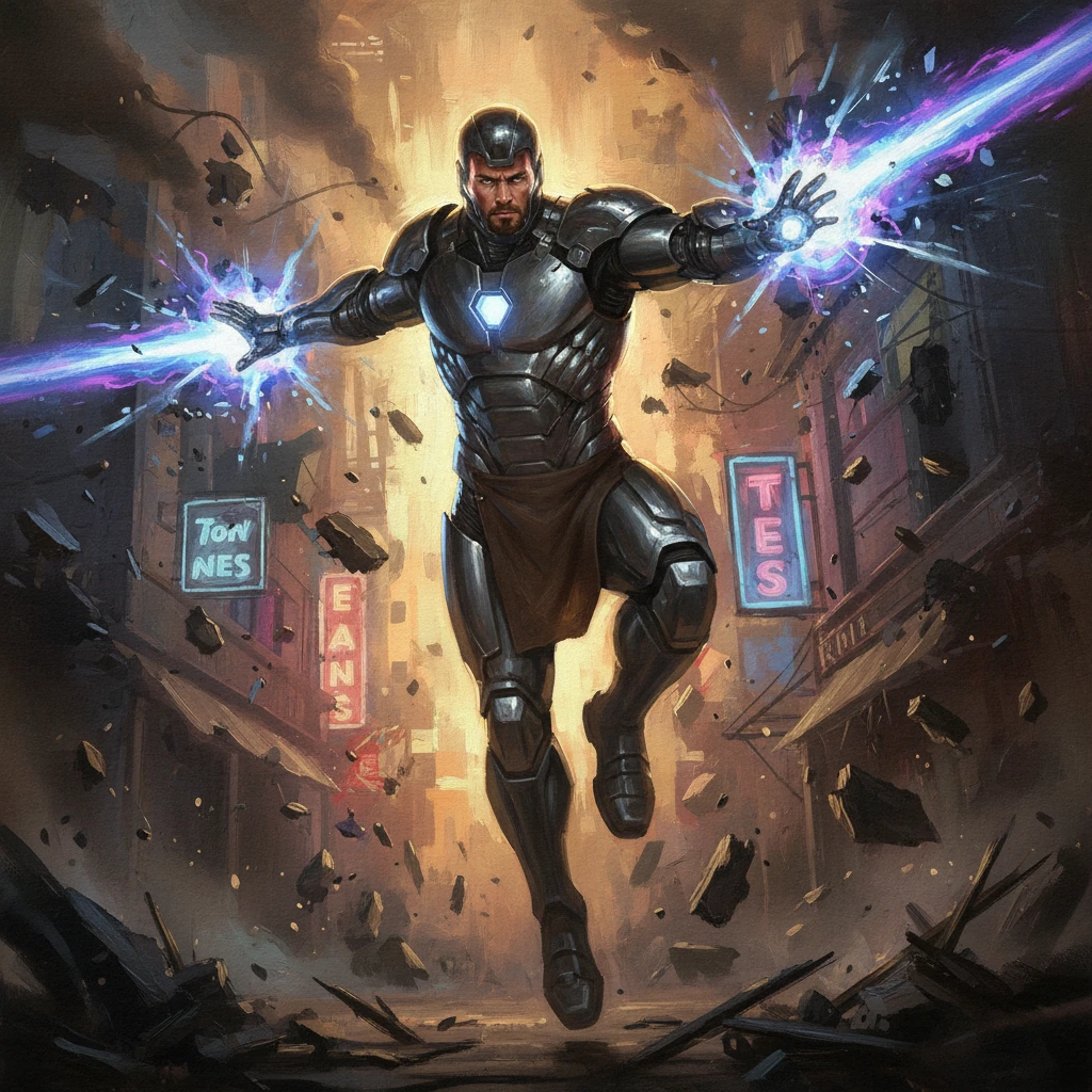 The Iron Sentinel confronts the drone amidst the shattered neon glow and debris of the square. He leaps, a powerful metallic streak, deflecting energy blasts with his bare hands, his steel form radiating an indomitable will. The scene is a maelstrom of light and shadow, capturing the raw power of their clash.