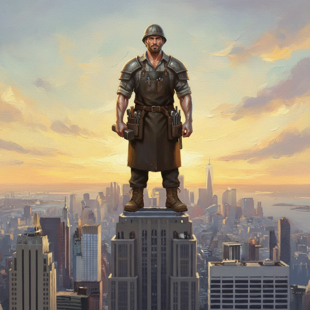 With the drone defeated and the city safe, The Iron Sentinel stands majestically on the highest spire of the Empire State Building. Dawn breaks, painting the sky with hues of gold and rose, casting a heroic light upon his vigilant form. He is New York's steadfast guardian, a silent promise of protection against the rising sun.
