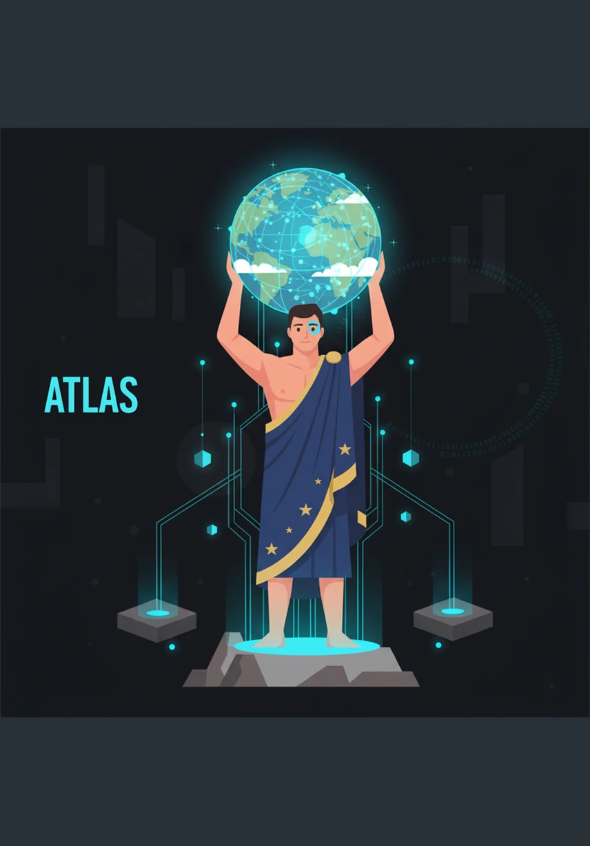 Atlas stands in a vast, dark digital void, illuminated only by the glowing blue blueprints of RetriveX. He prepares to build the foundation of a system that will bridge the gap between massive data and human insight.
