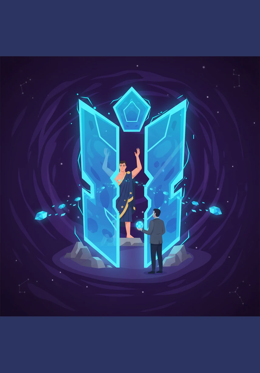 At the center of the void, Atlas constructs a towering, pulsing gateway that represents the API. This structure serves as the primary entrance, welcoming requests from the outside world and channeling them into the heart of the engine.