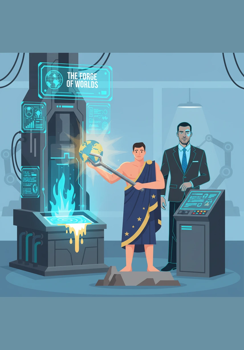 The processed data is fed into a high-tech forge where it is transformed into glowing mathematical coordinates. Atlas watches as words and concepts are converted into high-dimensional vectors, floating like stars in a geometric sky.