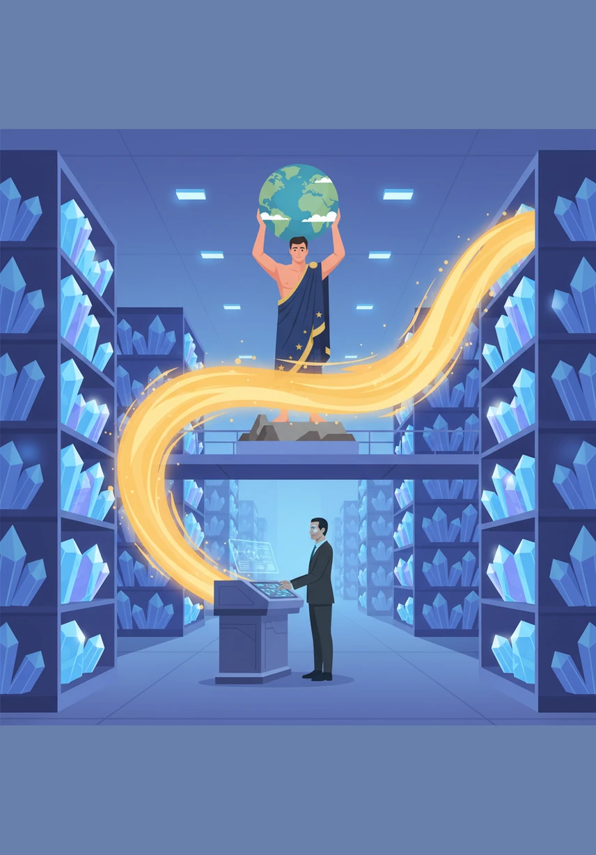 A golden pulse of energy ripples through the library whenever a user asks a question. Atlas directs this retrieval wave as it scans millions of crystals in milliseconds, identifying the most relevant pieces of information with perfect precision.