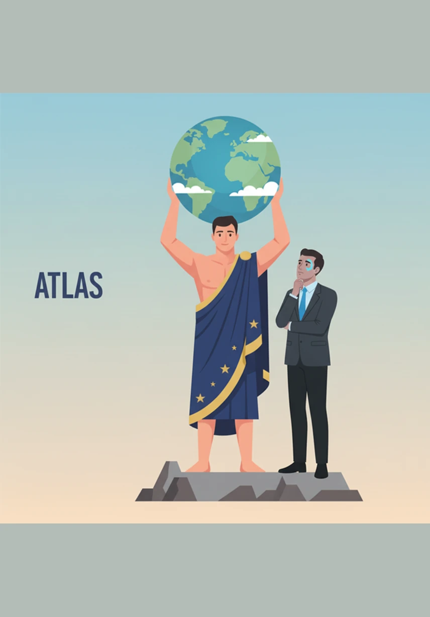 Atlas connects the retrieved knowledge to a swirling orb of light representing the Large Language Model integration. The orb takes the raw data fragments and weaves them into a coherent, intelligent response that anyone can understand.