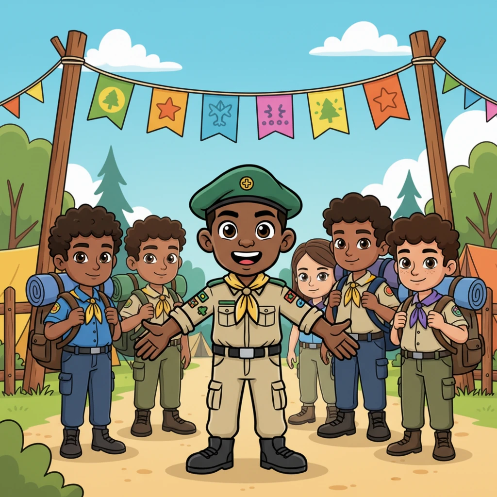 Guide Alex, with a wide, eager grin, stood amidst a bustling group of fellow Master Guide trainees. They were gathered at the sun-drenched entrance of a vibrant summer camp, their backpacks overflowing with excitement for the special leadership program ahead. Colorful banners fluttered in the gentle breeze, welcoming everyone to a week of growth and fun.