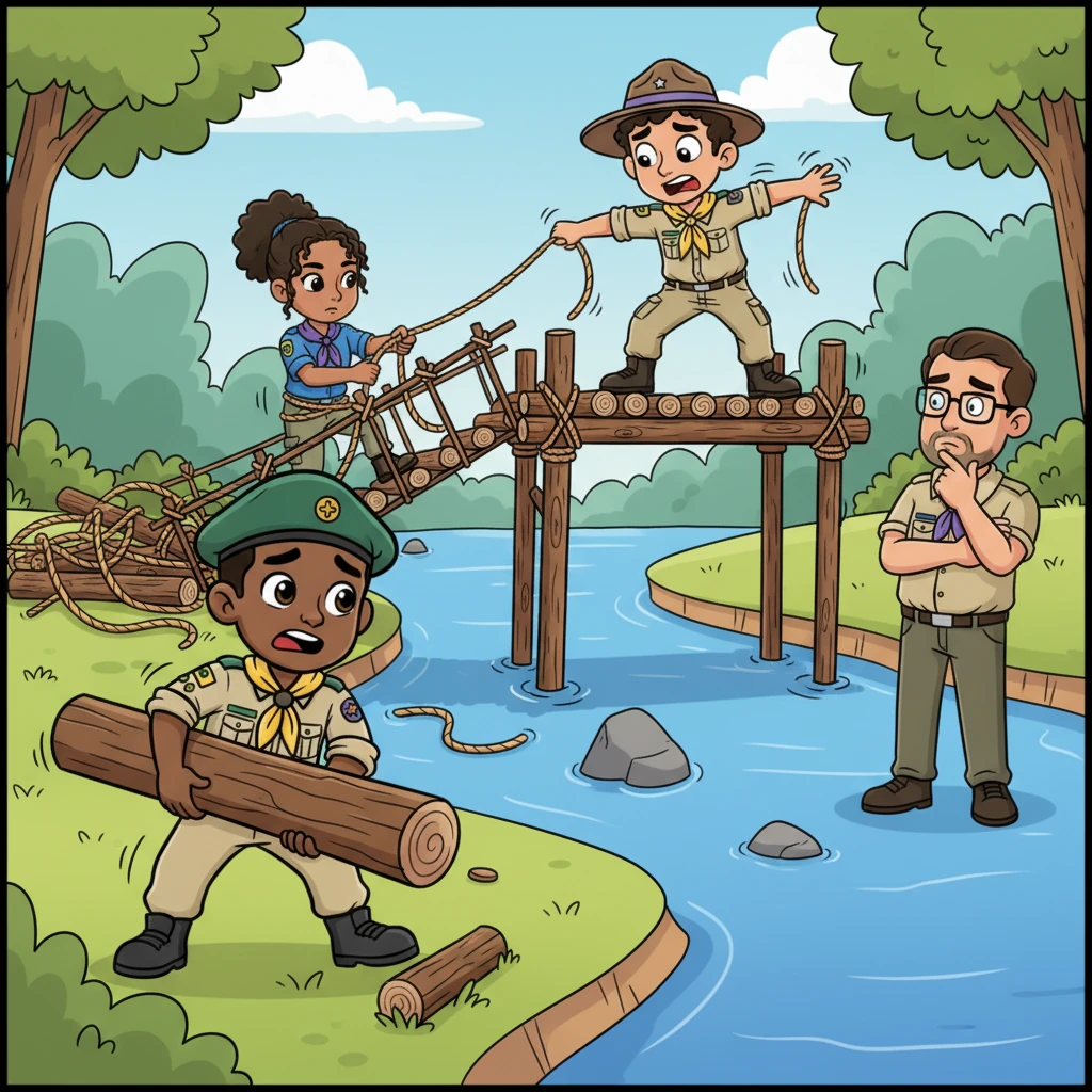 At first, chaos ensued as each trainee tried to tackle the bridge-building individually, dragging logs and tying ropes in tangled knots. The half-built structure wobbled precariously, threatening to tumble into the water. Guide Alex felt a flutter of worry, realizing that their individual efforts weren't quite enough.
