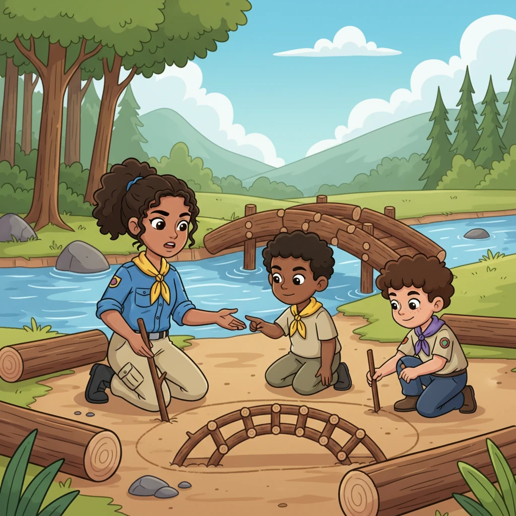 A particularly wide section of the creek posed a tough puzzle, making the bridge difficult to span. Guide Alex, with a thoughtful frown, sketched a clever, arched design in the dirt, inviting others to refine it. Together, they figured out an ingenious way to interlock the logs, making the bridge stronger than ever.