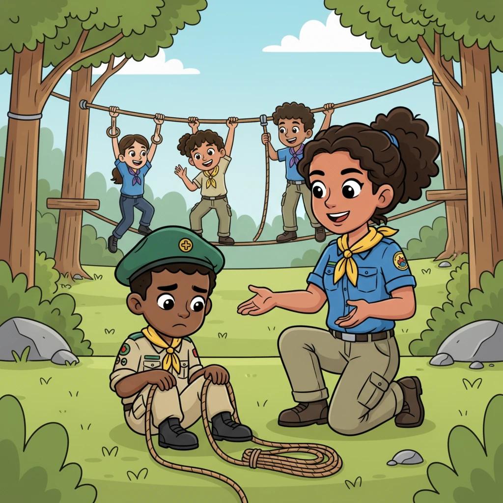 One Master Guide trainee, feeling frustrated, dropped their rope with a sigh, convinced they weren't strong enough. Guide Alex knelt beside them, offering a warm smile and words of encouragement, reminding them of their unique strengths. Soon, the trainee's spirits lifted, and they rejoined the team with renewed determination.