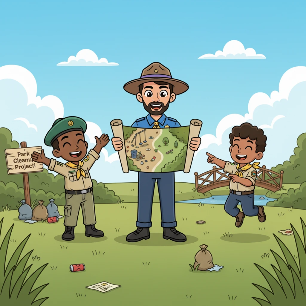 With their magnificent bridge now complete and sturdy, the Senior Guide announced their next mission: a community service project. They revealed a map to a nearby park, overgrown and littered, explaining how their leadership could bring beauty back to the neighborhood. The trainees cheered, ready for a new challenge.