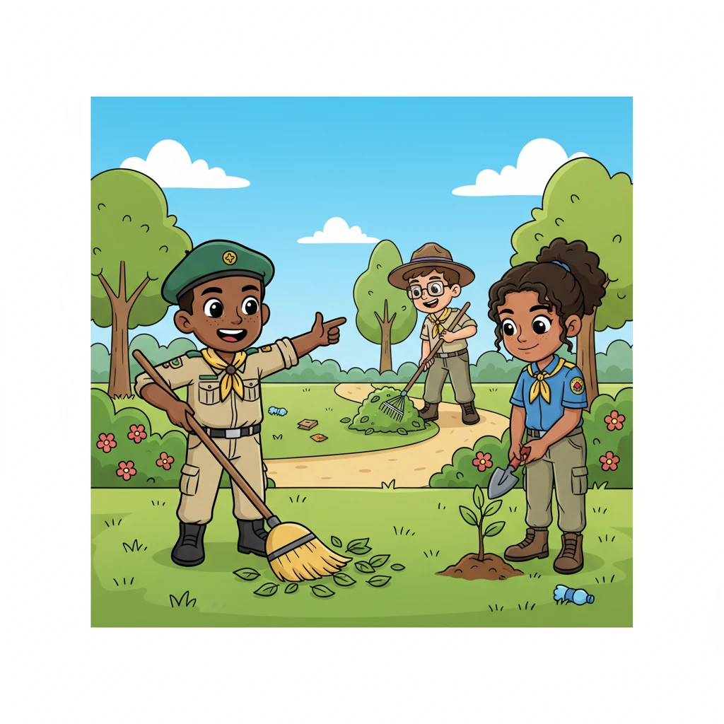 At the park, Guide Alex sprang into action, organizing the cleanup with joyful energy. They assigned different sections for sweeping, raking, and planting, making sure everyone had a task they enjoyed. Alex led by example, cheerfully picking up litter and working tirelessly alongside every team member.