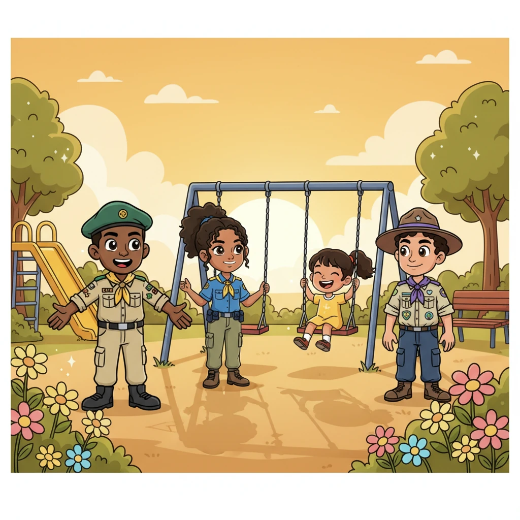 As the sun began to set, the park transformed from a messy tangle into a sparkling, inviting space, bursting with fresh flowers. Children from the neighborhood eagerly came out to play on the now-clean swings, their laughter echoing through the air. The Master Guides beamed, filled with pride and the pure joy of service.