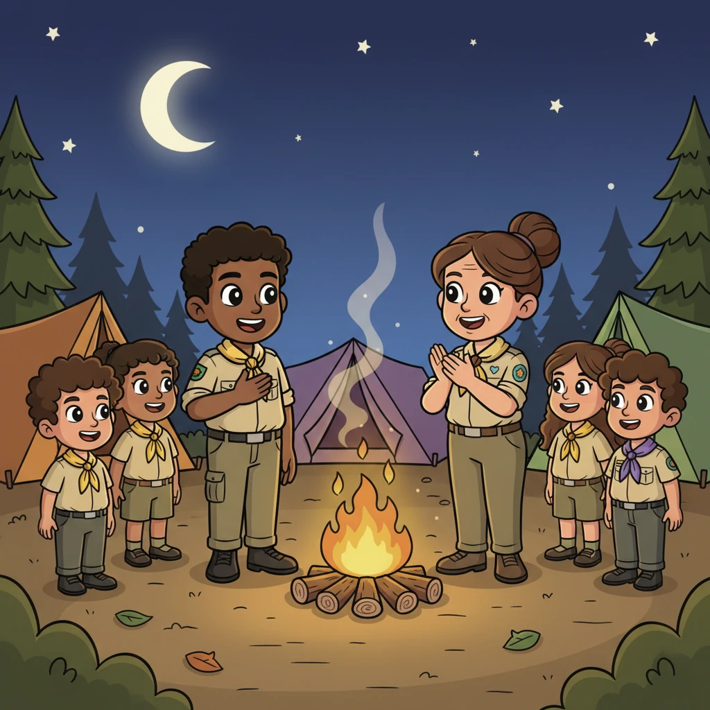 Back at camp, gathered around a crackling campfire, the Senior Guide applauded their incredible growth in leadership, praising their teamwork and kind hearts. Guide Alex, feeling a warmth spread through their chest, realized that true leadership wasn't just about giving orders, but about serving others with love and a spirit of joyful cooperation.