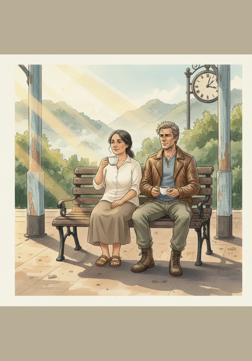 The morning sun casts long, golden shadows across the platform of the old Portuguese railway station. Christina and Jon sit together on a vintage bench, sipping coffee as the mist rises from the surrounding hills of Central Portugal.