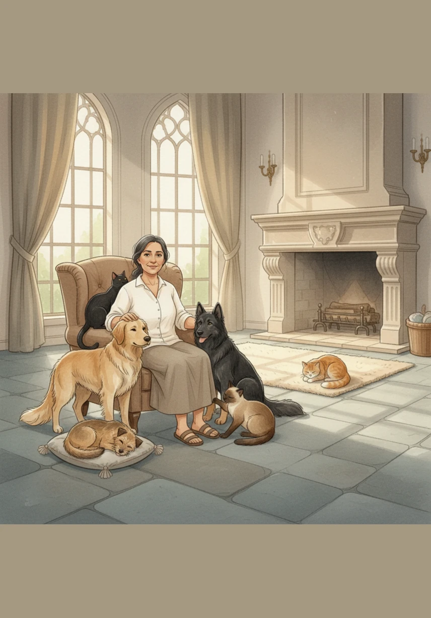 Inside the grand waiting room, now a cozy lounge, Christina is never truly alone. A pack of loyal dogs and a trio of curious cats follow her every move, seeking a pat or a quiet place to nap on the cool stone floor.