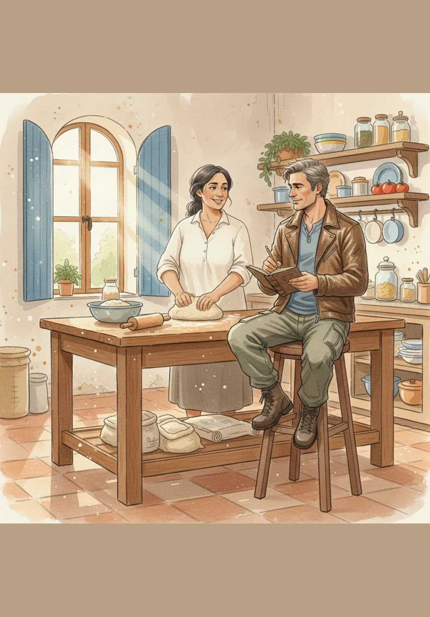 The kitchen is filled with the fragrant aroma of Greek herbs and fresh Portuguese produce. Christina prepares a traditional meal, blending her Cypriot heritage with the flavors of their new Mediterranean life.