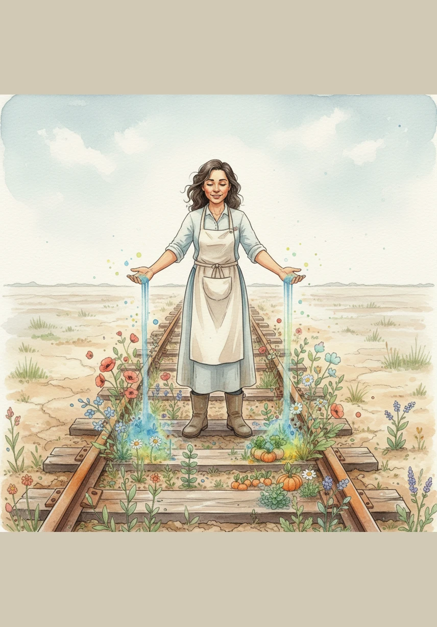 Along the abandoned tracks, Christina has planted vibrant bougainvillea and lavender that spill over the iron rails. She carefully tends to her garden, turning the path of old trains into a blooming sanctuary of color.