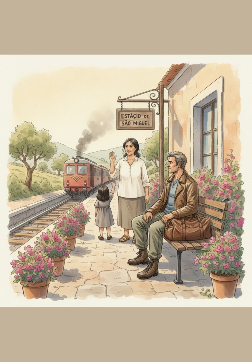As the heat of the afternoon settles, Christina finds a quiet spot on the platform to read. The dogs lie at her feet, and the station feels like a timeless island in the middle of the rolling Portuguese countryside.