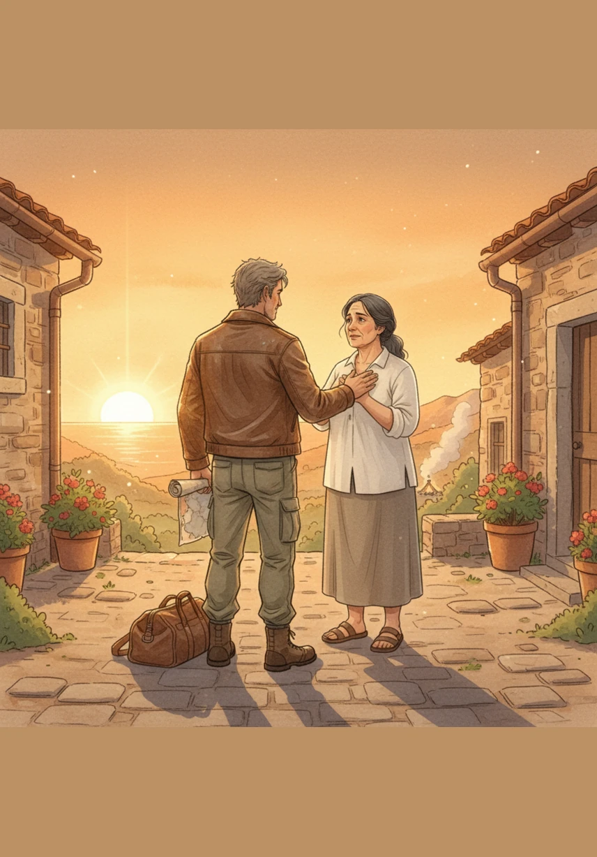 The sun begins to dip below the horizon, painting the sky in shades of violet and orange as Jon returns. He carries a small basket of the day's harvest, greeted by a chorus of barks and the warm glow of the station lights.