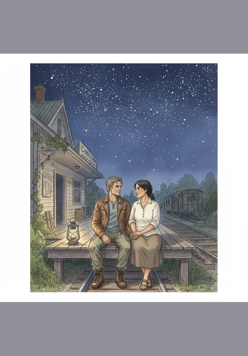 Under a canopy of brilliant stars, the couple shares a quiet moment on their platform. The old railway station, once a place of departures, has become the beautiful destination where their two worlds finally met.
