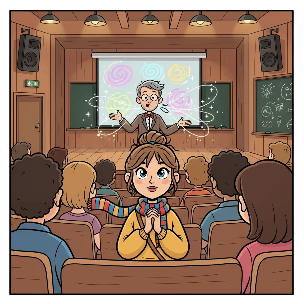 Dans l'amphithéâtre, un professeur passionné présente les cours de communication. Il utilise des mots enchanteurs pour décrire les différents domaines d'étude, captivant ainsi l'attention de tous. Éloïse est fascinée et se sent déjà inspirée.