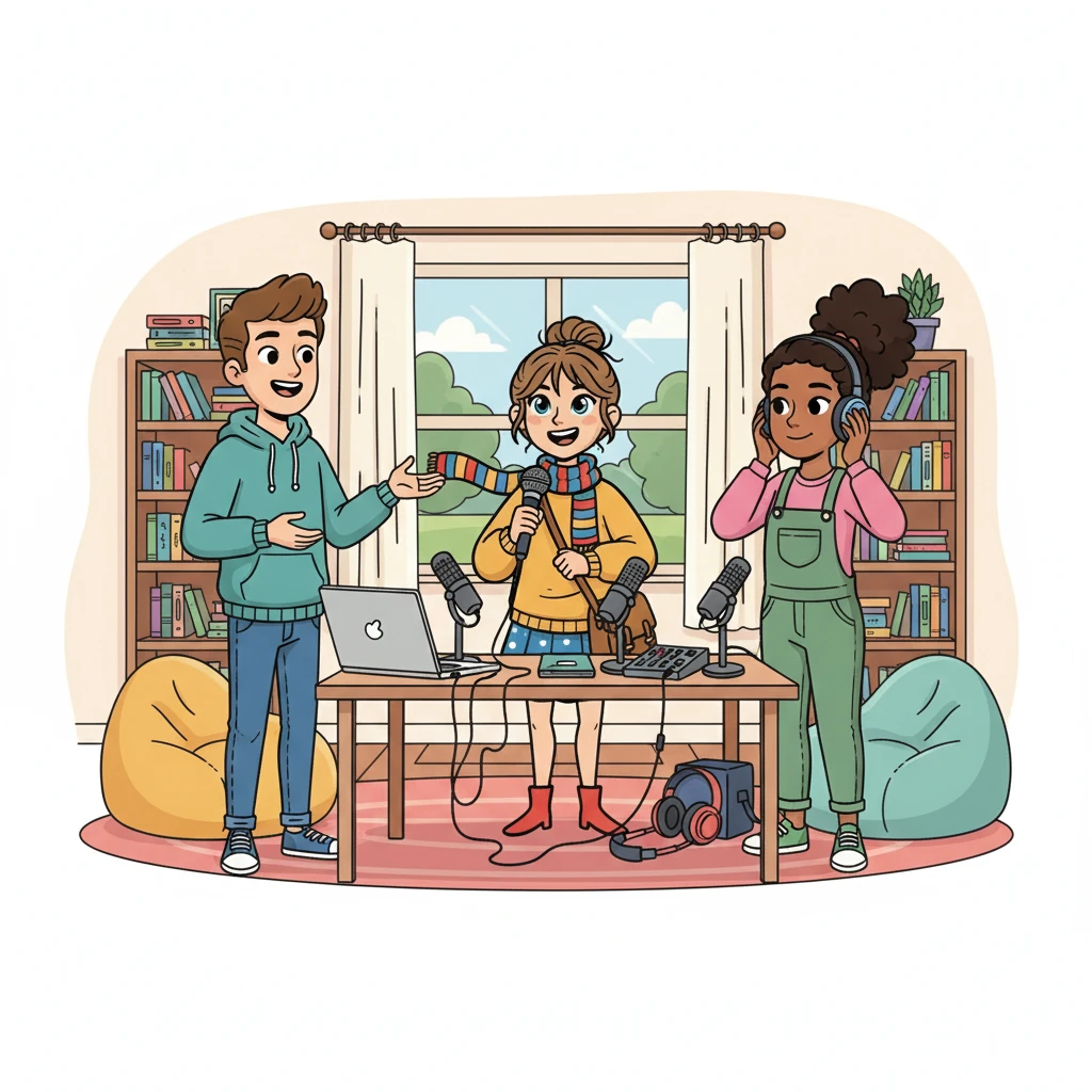 Elle rencontre Lucas et Sofia, deux étudiants dynamiques et amicaux, qui l'accueillent chaleureusement. Ensemble, ils décident de créer un podcast sur les nouvelles tendances en communication. L'amitié naît, pleine d'enthousiasme.