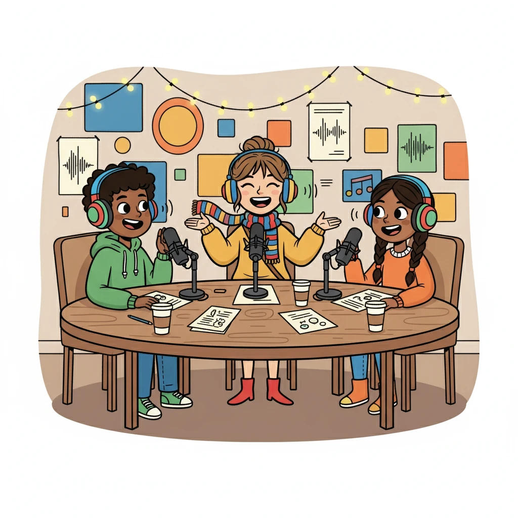L'équipe du podcast enregistre son premier épisode dans un studio aménagé. Éloïse, Lucas et Sofia partagent leurs idées, leurs rires et leurs réflexions. L'ambiance est joyeuse et productive, une véritable célébration de la collaboration.