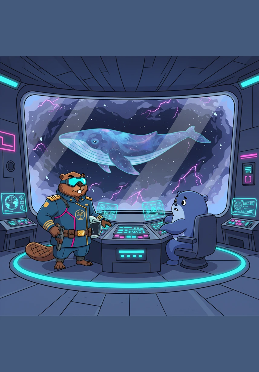 Captain Bramble stands on the bridge of the S.S. Lodge, a magnificent spaceship shaped like a giant high-tech log. He adjusts his glowing goggles and looks out at the swirling Milky Way, ready for the mission ahead. The crew scampers around, checking consoles that blink with neon lights and holographic displays.