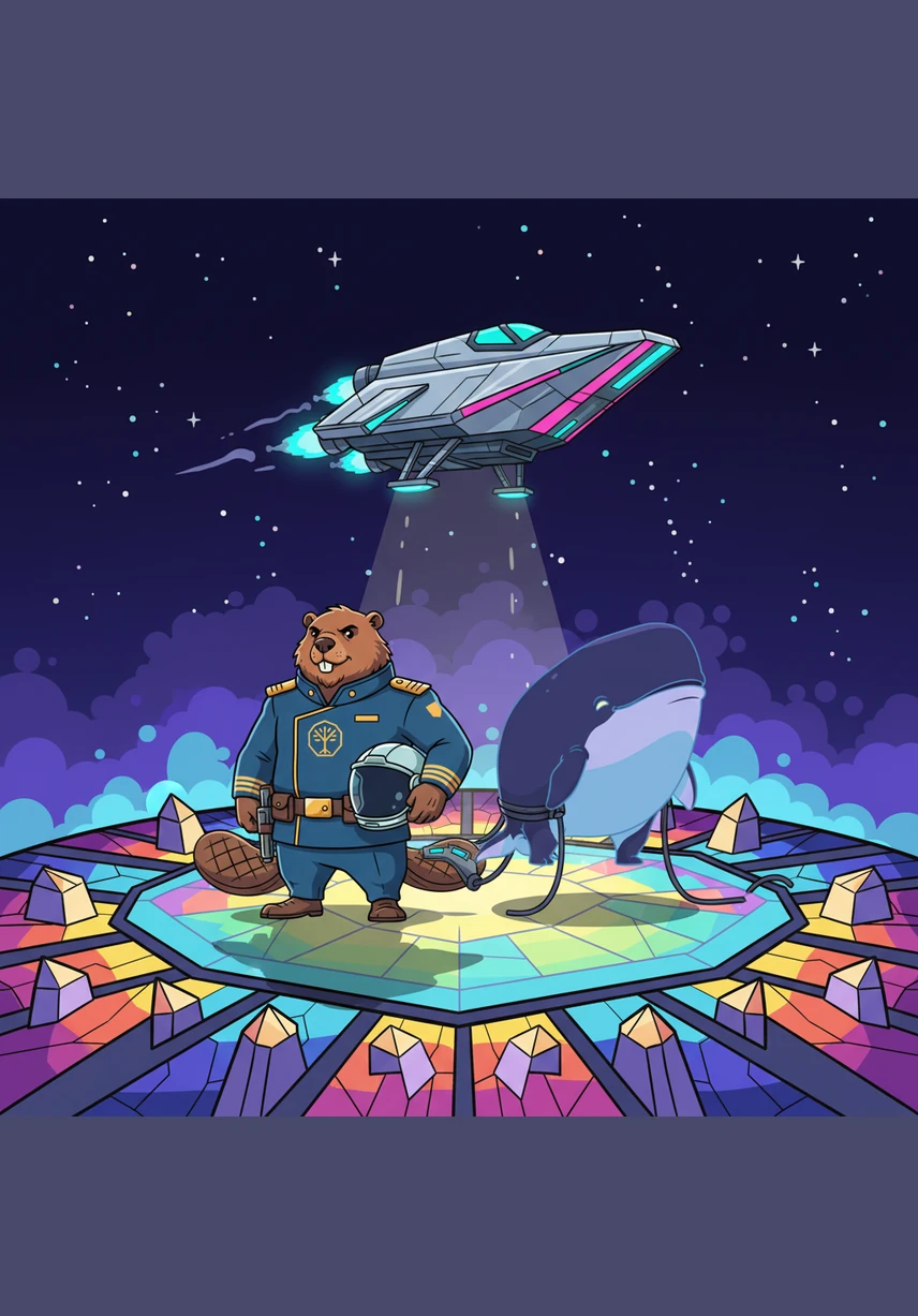 The ship descends onto the surface of the Prism Planet, where the ground is made of shimmering, multicolored crystals. The beavers use specialized scanners to record how the light bends and flows across the jagged peaks. This data is the first piece needed for their grand construction project back at the edge of the galaxy.
