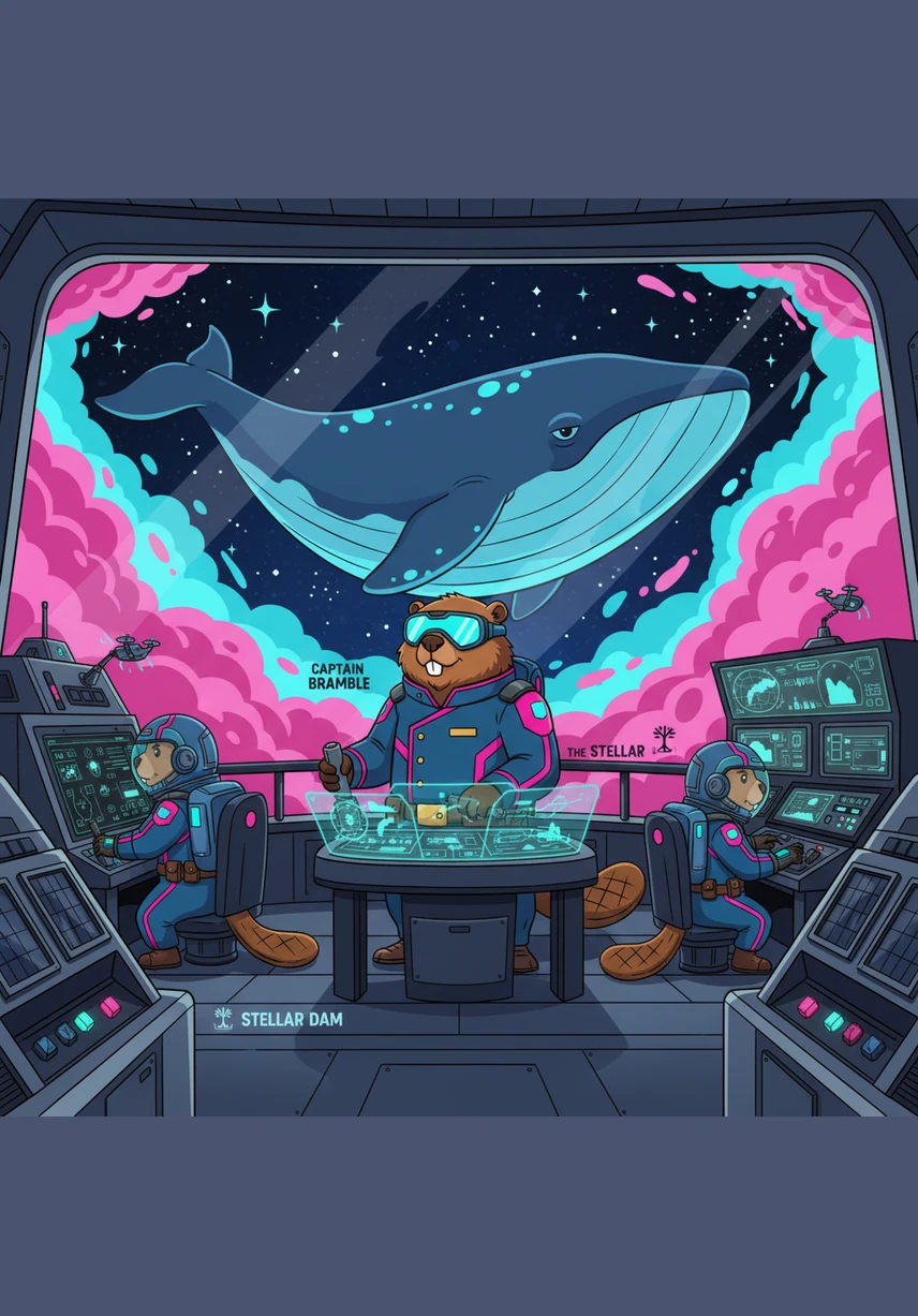 While navigating through a dense field of floating ice asteroids, the crew spots glowing blue fragments trapped inside the frozen rocks. These are pieces of ancient starlight, and the beavers carefully reel them in using magnetic grappling hooks. Every fragment adds strength and history to the foundation of their cosmic dam.