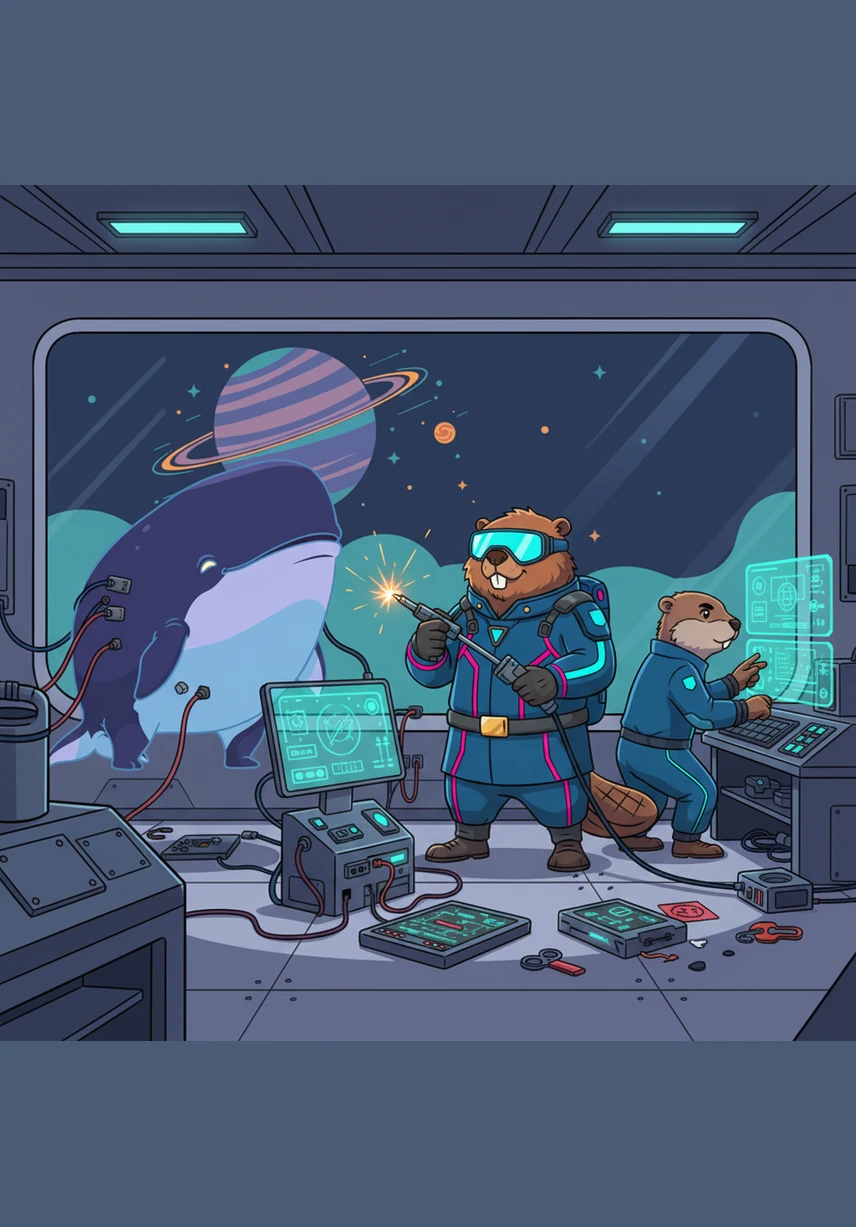 Back inside the ship’s engineering bay, the beavers work together to weave the collected light and sound into shimmering digital bricks. Sparks fly as they use laser-welders to fuse the elements together in their high-tech workshop. The air is filled with the smell of ozone and the rhythmic hum of industrious work.