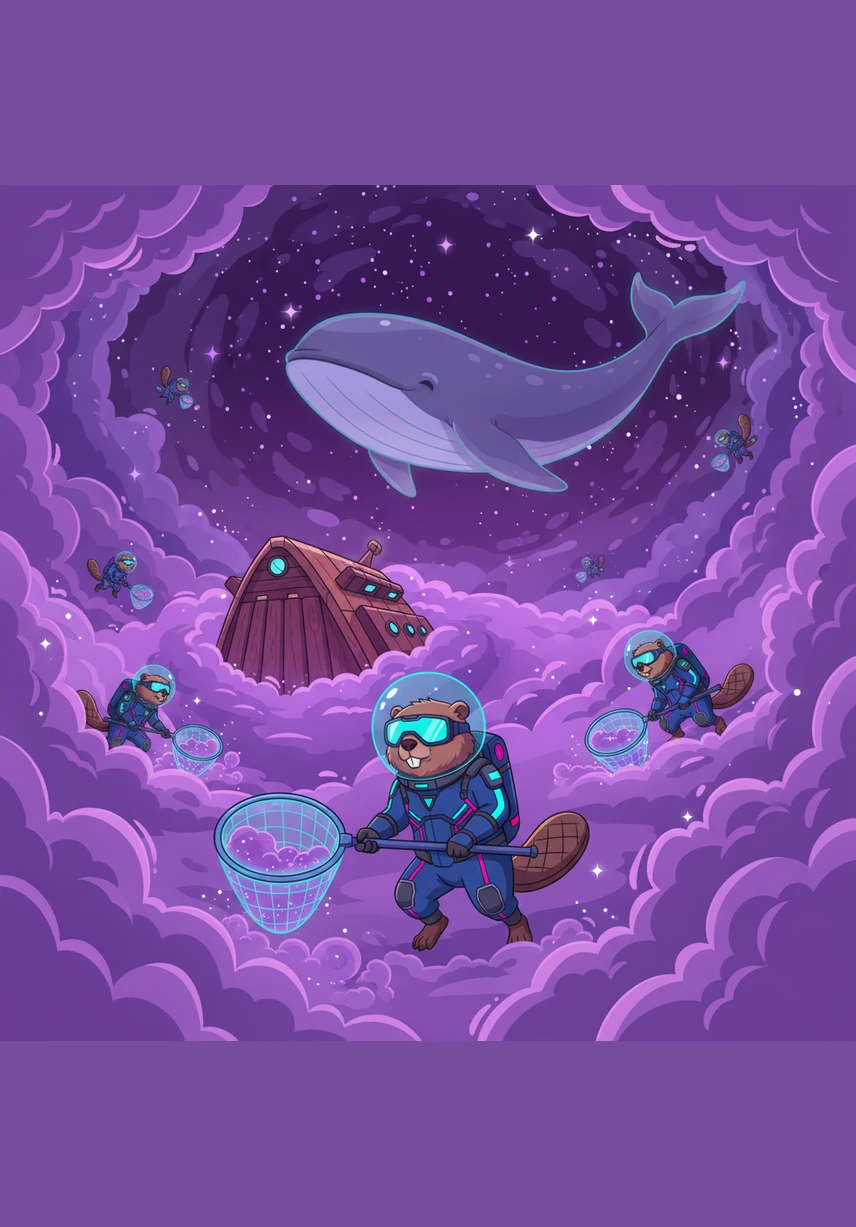 The S.S. Lodge dives into the heart of the Violet Nebula, where the clouds are thick with sparkling cosmic dust. The beavers wear pressurized suits and float outside the ship to gather the dust with large, glowing nets. It feels like swimming through a vast, endless sea of purple glitter and stardust.